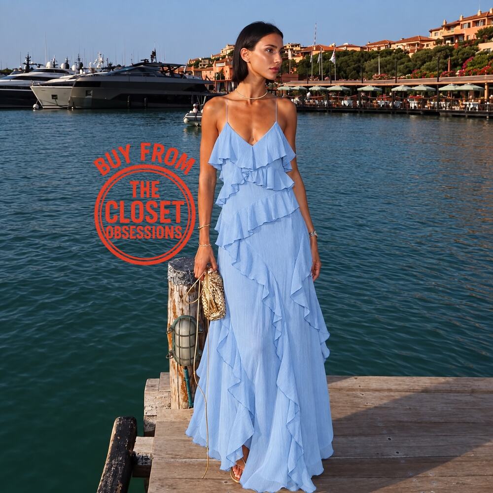 Zara Blue Ruffle Tiered Maxi Dress Strappy V-Neck Flowy Wedding Guest Size M